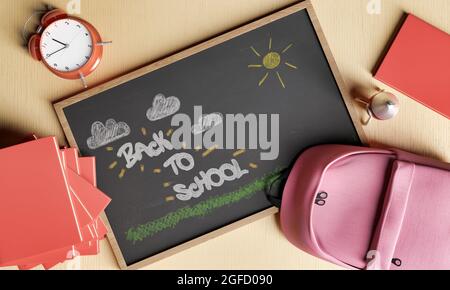 Panneau de retour à l'école tiré sur un tableau de craie avec des livres, un réveil et un sac à dos autour. Concept de l'éducation, de l'école et de retour à l'école. rendu 3d Banque D'Images