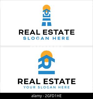 Immobilier avec le logo de phare de maison de soleil Illustration de Vecteur