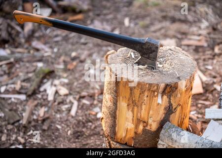 AX coincé dans la souche. Hache du coupe-bois sur la souche. Banque D'Images