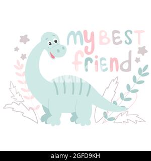 Carte de voeux pour bébé avec un dinosaure mignon et un lettrage à la main. Dino sur un fond de feuilles et l'inscription mon meilleur ami. Illustration vectorielle de ch Illustration de Vecteur