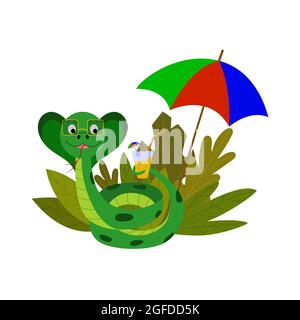 Illustration vectorielle pour les enfants, un serpent repose dans le maquis, un serpent boit un cocktail. Isolé sur un fond blanc Illustration de Vecteur