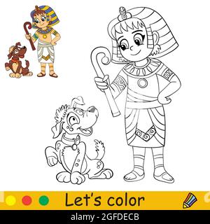 Enfant drôle en costume égyptien avec chien. Concept Halloween. Page de livre de coloriage pour les enfants avec modèle coloré. Illustration de dessin animé vectoriel. F Illustration de Vecteur