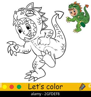 Drôle de garçon en costume de dinosaure. Concept Halloween. Page de livre de coloriage pour les enfants avec modèle coloré. Illustration de dessin animé vectoriel. Pour l'impression Illustration de Vecteur