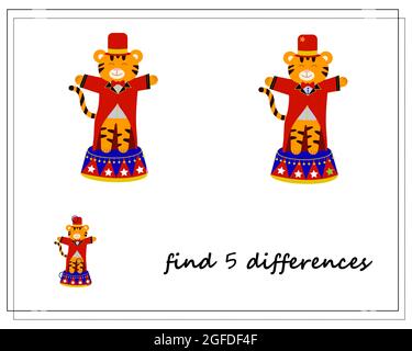 Un jeu logique pour les enfants, trouver les différences. Tigre dans le cirque, nouvel an chinois. Le vecteur est isolé sur fond blanc. Illustration de Vecteur