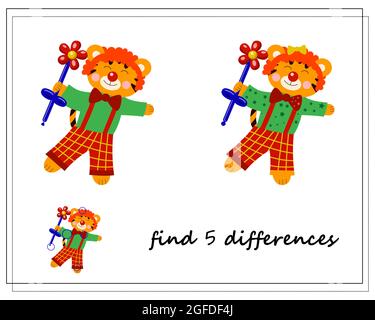 Un jeu logique pour les enfants, trouver les différences. Tigre dans le cirque, clown, nouvel an chinois. Le vecteur est isolé sur fond blanc Illustration de Vecteur
