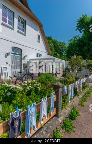 Les vêtements de bébé suspendus sur la ligne de lavage dans le jardin avant est une ancienne traditon dans le côté de la campagne, Süderstapel, Schleswig-Holstein, Allemagne du Nord Banque D'Images