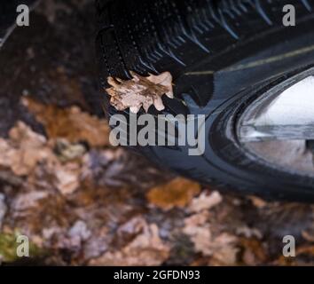 Pneu de voiture avec feuille d'érable en automne. Gros plan des roues de la voiture. Concept de transport et de sécurité. Banque D'Images