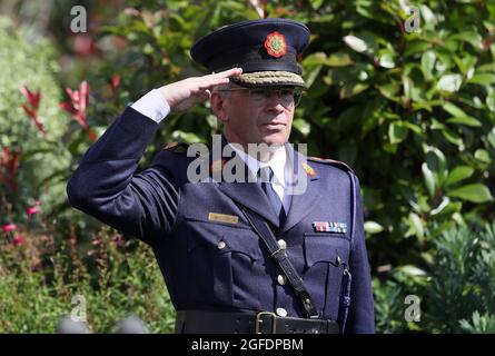 Le commissaire de Garde Drew Harris assiste à une cérémonie au château de Dublin pour récompenser Scott Medals pour bravoure aux membres décédés et en service d'un Siochana de Garde. Date de la photo: Mercredi 25 août 2021. Banque D'Images