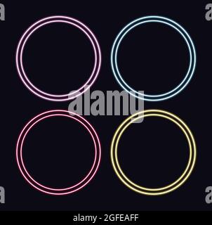 Éclairages annulaires au néon lumineux. Illustration vectorielle colorée au néon sur un mur sombre. Cercles lumineux définis. Illustration de Vecteur