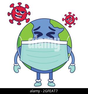 Terre avec masque dessin animé illustration vectorielle isolée. Illustration vectorielle à motif globe plat pour le Web et les infographies. Terre et vecteur du coronavirus. Illustration de Vecteur