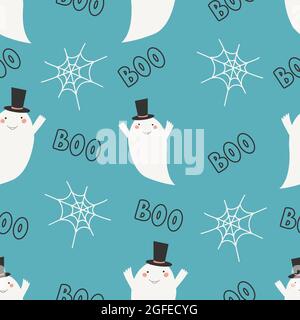 Motif sans coutures pour Halloween. Symboles Halloween fantôme, toile d'araignée, dessin animé de boo style. Papier numérique Illustration de Vecteur