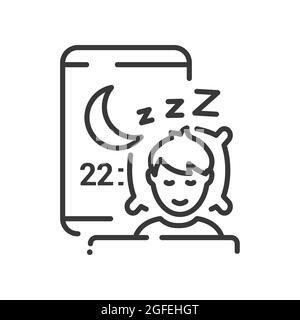 Temps de sommeil - conception de ligne vectorielle une seule icône isolée sur fond blanc. Pictogramme noir de haute qualité. Tard dans la soirée, homme se détendant dans son lit. Le Illustration de Vecteur