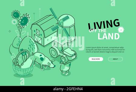 Living of the Land - bannière web isométrique de style design de ligne de couleur verte. La vie de pays et les joies simples. Agriculture de subsistance, légumes, fruits, liv Illustration de Vecteur