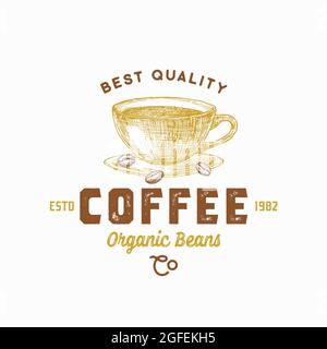 Modèle de symbole, de symbole ou de logo « Best Coffee Abstract Vector ». Dessin de tasse à café et de haricots à la main Silltract avec Typographie rétro. Boisson vintage Illustration de Vecteur