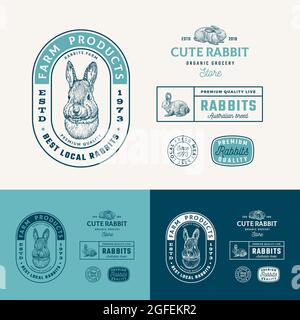 Meilleure collection de badges ou de modèles de logo rétro de la ferme des lapins locaux. Dessin à la main de la face de lièvre et des animaux esquisses avec la Typographie rétro. Vintage Illustration de Vecteur