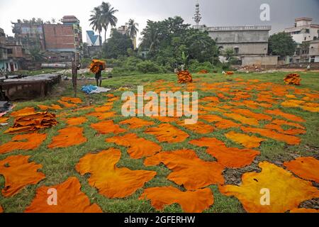 Dhaka, Bangladesh. 25 août 2021. DHAKA CITY, BANGLADESH - AOÛT 25: Un travailleur de Hazaribagh met des morceaux de cuir à sécher dans le cadre du processus de tannage du cuir dans une petite usine pour le vendre à la fabrication de chaussures. Le bronzage consiste à tremper les peaux, puis afin d'éliminer le sel dans une solution de chaux et d'eau pour ramollir les cheveux et les éliminer à l'aide d'une machine, puis les résidus sont enlevés à la main avec un couteau émoussé. Le 25 août 2021 à Dhaka, au Bangladesh. (Photo d'Eyepix/Sipa USA) crédit: SIPA USA/Alay Live News Banque D'Images