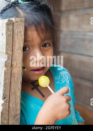 San Pedro. Brésil - septembre 2017 : Portrait d'une fille habitant de la forêt tropicale amazonienne. Vallée de Javari. Amazonie. Amérique latine Banque D'Images