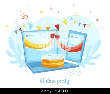 Deux mains d'un ordinateur portable, lunettes de sécurité pour smartphone, illustration vectorielle. Fête en ligne, réunion d'amis. Chat par appel vidéo. Illustration de Vecteur