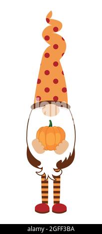 Gnome adorable avec feuille d'érable - gnome de Thanksgiving avec citrouille d'automne. Nain magique nordique. Vacances mignonnes Elf avec chapeau. Illustration vectorielle pour Harve Illustration de Vecteur