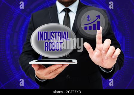 Écriture manuscrite robot industriel. Mot pour mécanisme robotique utilisé dans la fabrication des produits Man in Office Uniform Standing presser Virtual Banque D'Images