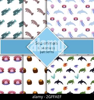 Avec six animaux de mer sans couture, orque, tortue et dauphin, méduse avec perle. Imprimé habitants du monde sous-marin. Collection de vie sous-marine dessinées à la main. Illustration de Vecteur