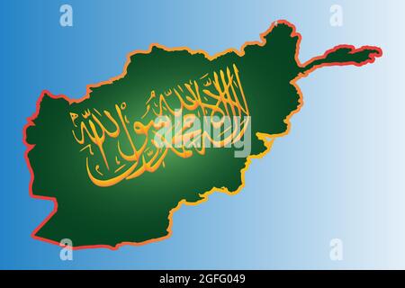 Orthographe calligraphique des Taliban Shahada de la République islamique d'Afghanistan sur une carte de contour. Inscription sur fond vert. Illustration de Vecteur