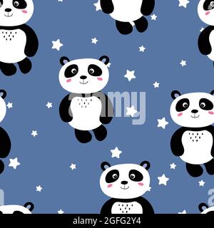 Motif sans couture avec bébé panda mignon et étoiles sur fond de couleur. Animaux asiatiques amusants. Carte, cartes postales pour enfants. Illustration vectorielle plate pour Illustration de Vecteur