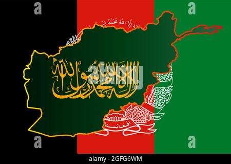 Écriture calligraphique des Taliban de la République islamique d'Afghanistan de Shahada sur une carte de contour. Carte sur le fond du drapeau de l'Afghanistan. Illustration de Vecteur