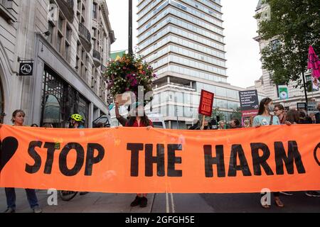 Londres, Angleterre, Royaume-Uni 25 août 2021 troisième jour de l'extinction les manifestations et les militants de la rébellion ont organisé une rébellion amazonienne à l'intention des peuples autochtones à l'extérieur de l'ambassade du Brésil. Crédit : Denise Laura Baker/Alay Live News Banque D'Images