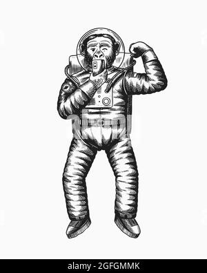 Monkey astronaute prend des selfies et joue avec des muscles. Chimpanzé cosmonaute cosmonaute. Animal à la mode. Gravé à la main Illustration de Vecteur