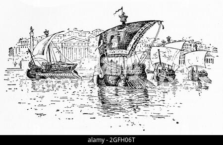 Gravure des anciennes gallées romaines se mettant en mer au premier siècle, publié en 1916 Banque D'Images