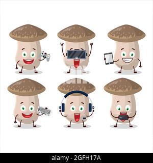 Le personnage de dessin animé de shiitake joue à des jeux avec diverses émoticônes mignons. Illustration vectorielle Illustration de Vecteur