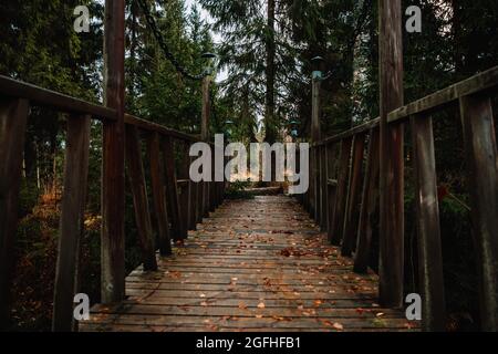 vieux pont en bois avec des chaînes dans une forêt avec des feuilles mortes de l'automne Banque D'Images