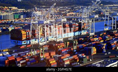 CHARGEMENT DE CONTENEURS DE FRET SUR HARBOUR ISLAND À SEATTLE, WASHINGTON, ÉTATS-UNIS Banque D'Images