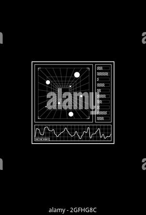 T-shirt futuriste et design de vêtement avec tunnel de grille perspective, échelles, diagrammes dans le cadre carré de style HUD. L'esthétique des années 1980. Noir et Illustration de Vecteur