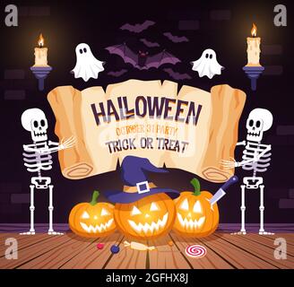 Affiche de fête d'Halloween avec squelettes de citrouille et fantômes Illustration de Vecteur