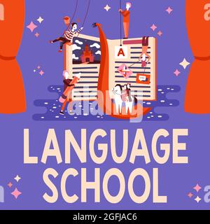 Texte montrant inspiration Language School. Business vitrine établissement d'enseignement où les langues étrangères sont enseignées fixation du code de programme, mise à jour Banque D'Images