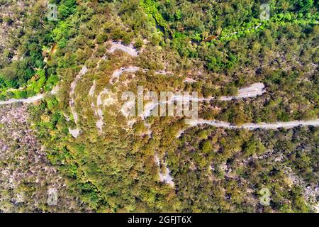 Vue aérienne de haut en bas sur la serpentine de la route sinueuse sur les pentes abruptes des chaînes de grès dans les hauteurs de Hornsby du Grand Sydney en Australie. Banque D'Images