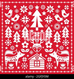 Scandinave Noël folk art vector motif wtih renne, oiseaux, flocons de neige et fleurs, décoration de carte de rêve nordique festive Illustration de Vecteur