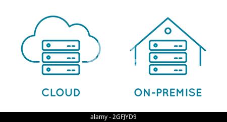 Icône de ligne de service sur site et dans le cloud. Solutions basées sur le réseau local et le cloud. Infrastructure interne par rapport au réseau mondial. Données virtuelles et physiques Illustration de Vecteur