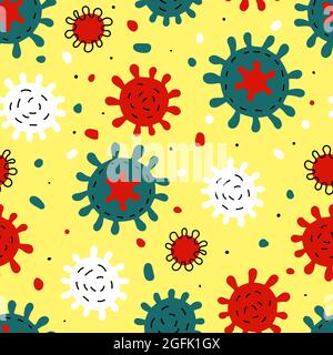 Motif de signe de coronavirus Doodle sans couture. Caricature rouge bleu vert cellule de virus isolée sur fond jaune. Symbole de maladie, pneumonie, covid, médicis Illustration de Vecteur