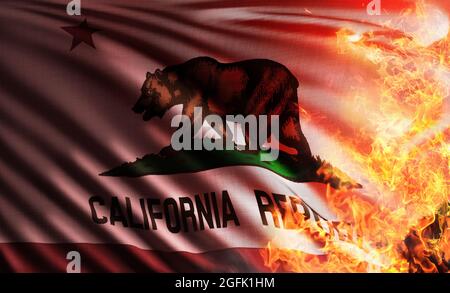 Illustration 3D du drapeau de la République de Californie ou de la République du drapeau de l'ours avec un grizzli menacé par le réchauffement climatique dans les forêts ravagées et b Banque D'Images