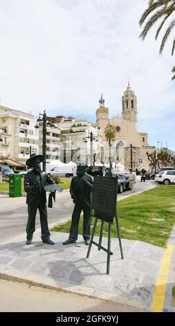 Sculpture hommage à Ramón Casas et Santiago Rusiñol dans un jardin de Sitges, Barcelone, Catalunya, Espagne, Europe Banque D'Images