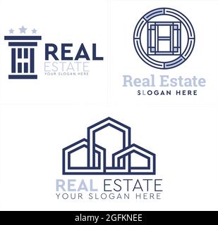 Immobilier avec bâtiment de maison et pilier de droit logo conception Illustration de Vecteur