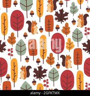 Motif sans couture avec écureuil mignon, feuilles d'automne, arbres, noix, glands. Thanksgiving automne vecteur de fond pour papier peint, emballage, textiles Illustration de Vecteur