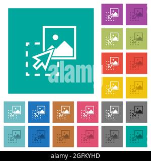 Faites glisser l'image pour télécharger des icônes plates multicolores sur des arrière-plans carrés simples. Inclut des variantes d'icône blanche et foncée pour les effets de survol ou actifs. Illustration de Vecteur