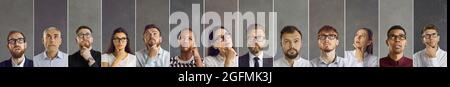 Bannière avec un collage de portraits de personnes confuses et diverses pensant et doutant Banque D'Images