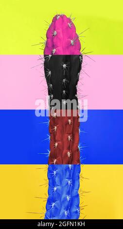 Collage d'art contemporain. Couleurs vives et éclatantes. Image composite verticale de morceaux de cactus multicolores, cactus isolés sur fond coloré Banque D'Images