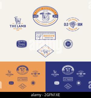 Collection Best local Sheep Farm Retro Framed badges ou logo Templates. Animaux d'agneau, de RAM et de mouton dessinés à la main avec Typographie rétro Illustration de Vecteur
