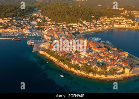 Vue aérienne de la ville de Korcula sur l'île de Korcula, Mer Adriatique, Croatie Banque D'Images